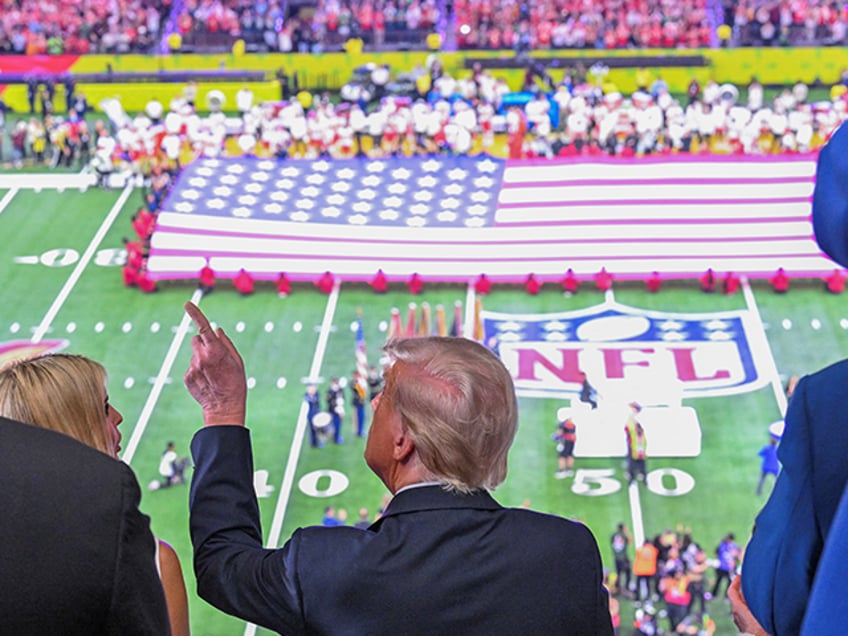 President Donald Trump and Ivanka Trump (left) watch the pre-game show before Super Bowl L