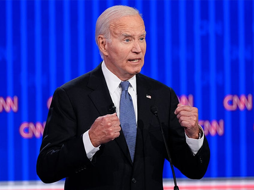 President Joe Biden speaks during a presidential debate with Republican presidential candi