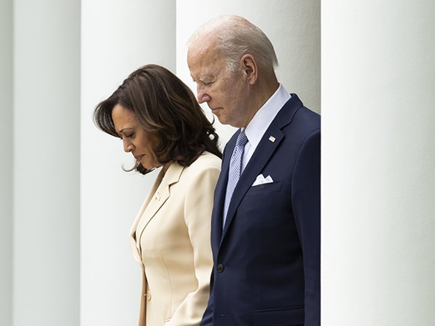 President Joe Biden and Vice President Kamala Harris in the White House Rose Garden on Mon