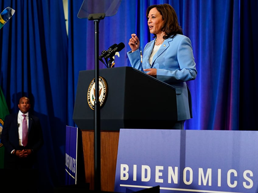 Vice President Kamala Harris gives remarks ahead of the one-year anniversary of the Biden