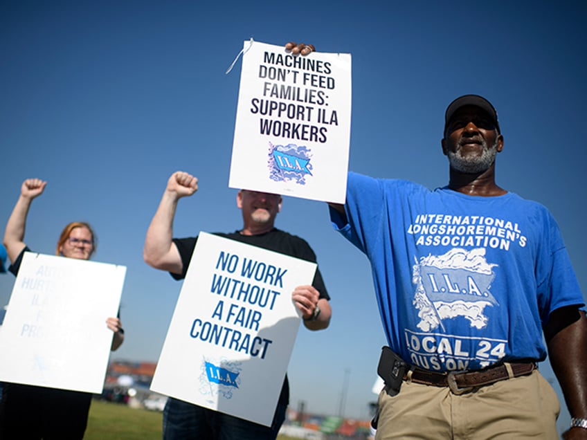 Dockworkers strike at the Bayport Container Terminal in Seabrook, Texas, on October 1, 202