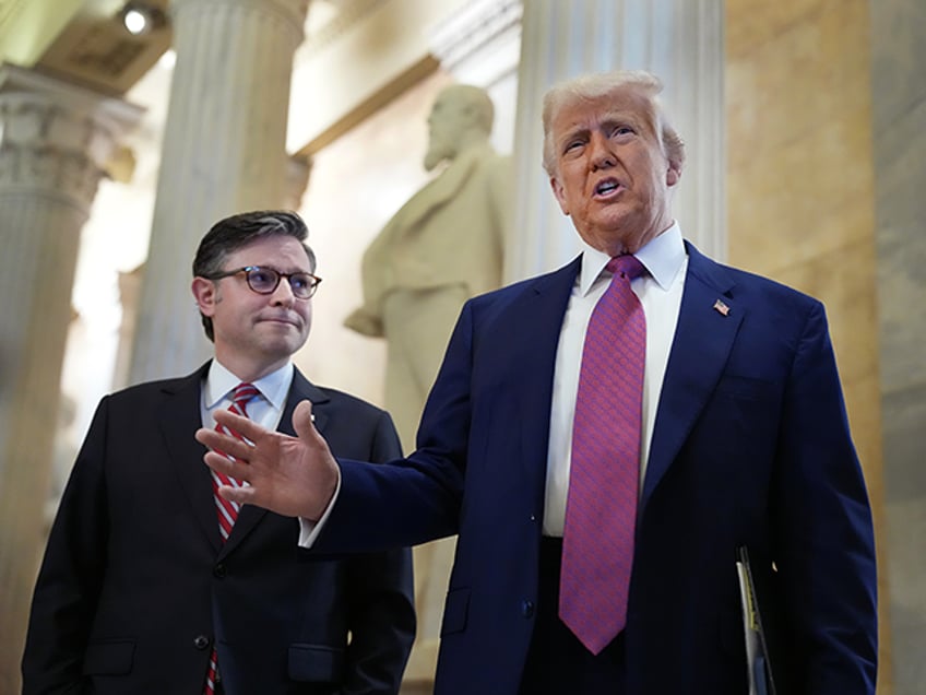President Donald Trump arrives with Speaker of the House Mike Johnson (R-LA) for a House R