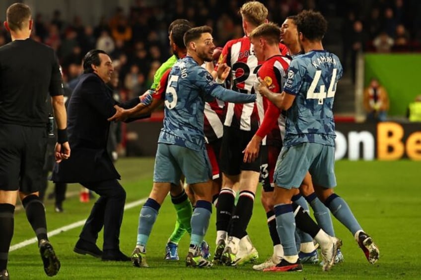 Aston Villa and Brentford players clash at the end of their Premier League match