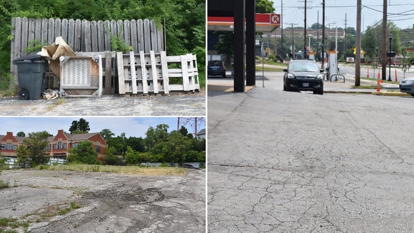 Photos of cracked pavement, trash next to a can in Brentwood, Missouri