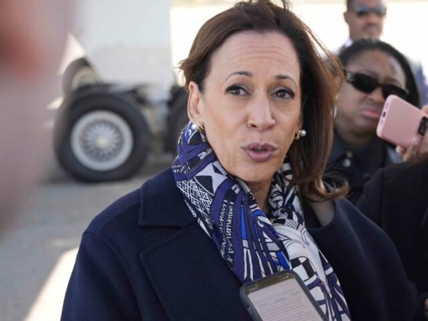 Democratic presidential nominee Vice President Kamala Harris speaks to the media before bo