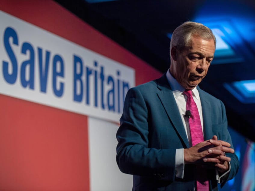 LONDON, ENGLAND - OCTOBER 7: Founding member and former Reform Party leader, Nigel Farage, speaks at the Reform Party annual conference on October 7, 2023 in London, England. The Reform Party was founded by members including Nigel Farage and its current leader is Richard Tice. (Photo by Chris J Ratcliffe/Getty …