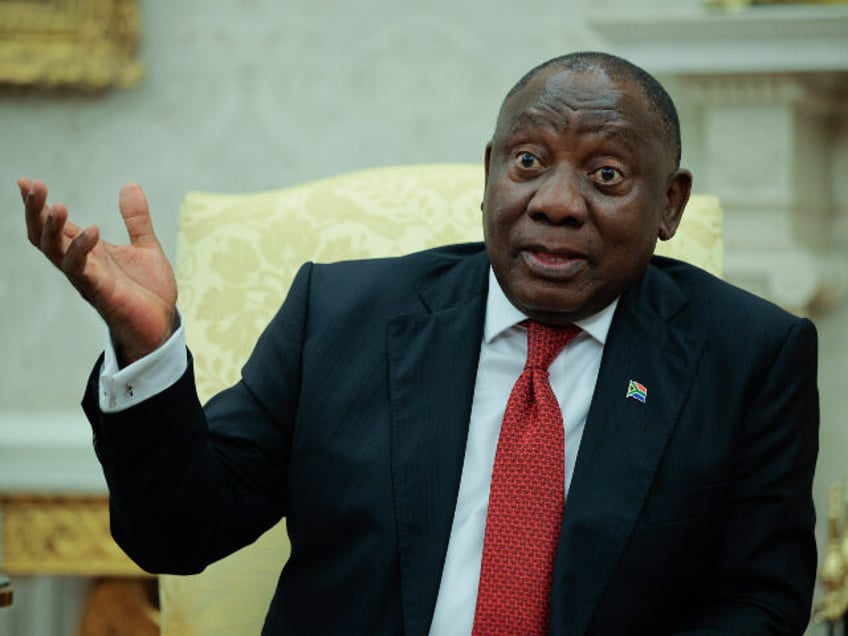 South Africa President Cyril Ramaphosa speaks to journalists during a meeting with U.S. Pr
