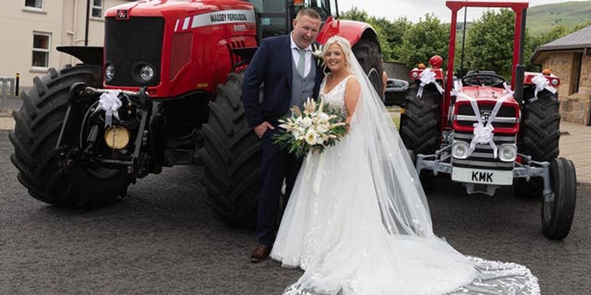 bridal haul woman arrives for her wedding on the back of a tractor laughed the whole way