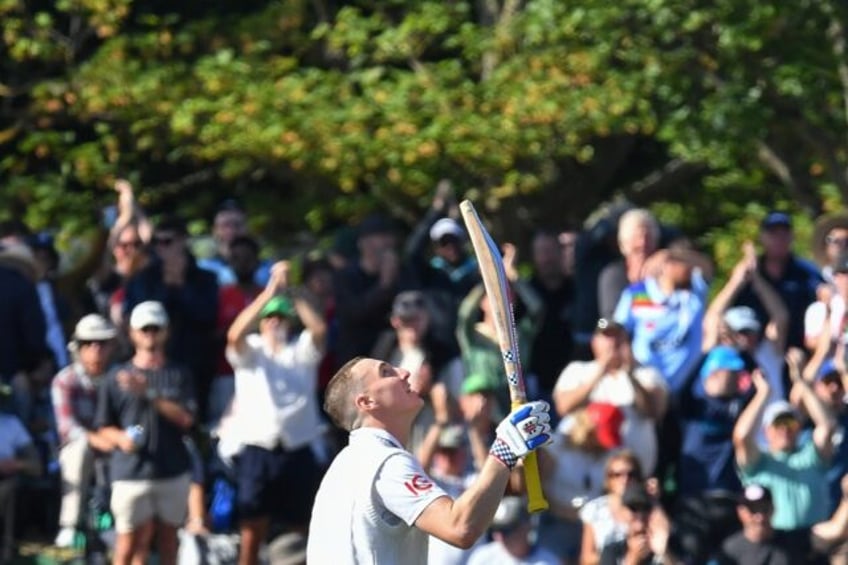 England's Harry Brook celebrates his century against New Zealand