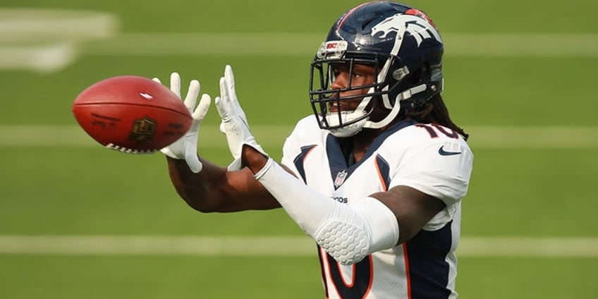 broncos jerry jeudy carted off field with hamstring injury during joint practice with rams