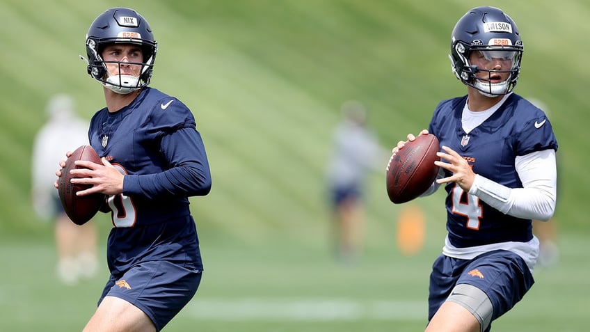 Bo Nix and Zach Wilson at minicamp