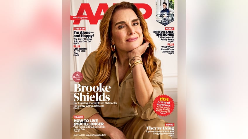 Brooke Shields with her hand under her chin for AARP The Magazine