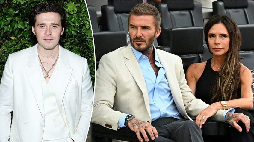 Brooklyn Beckham wears a white suit next to parents David Beckham and Victoria Beckham.