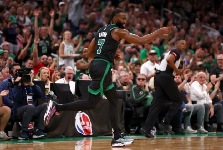 Boston's Jaylen Brown reacts in the Celtics' victory over Indiana in game two of the NBA E