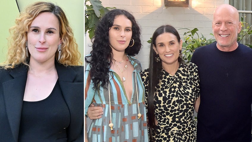 Side by side photos of Rumer Willis by herself and with her parents, Demi Moore and Bruce Willis