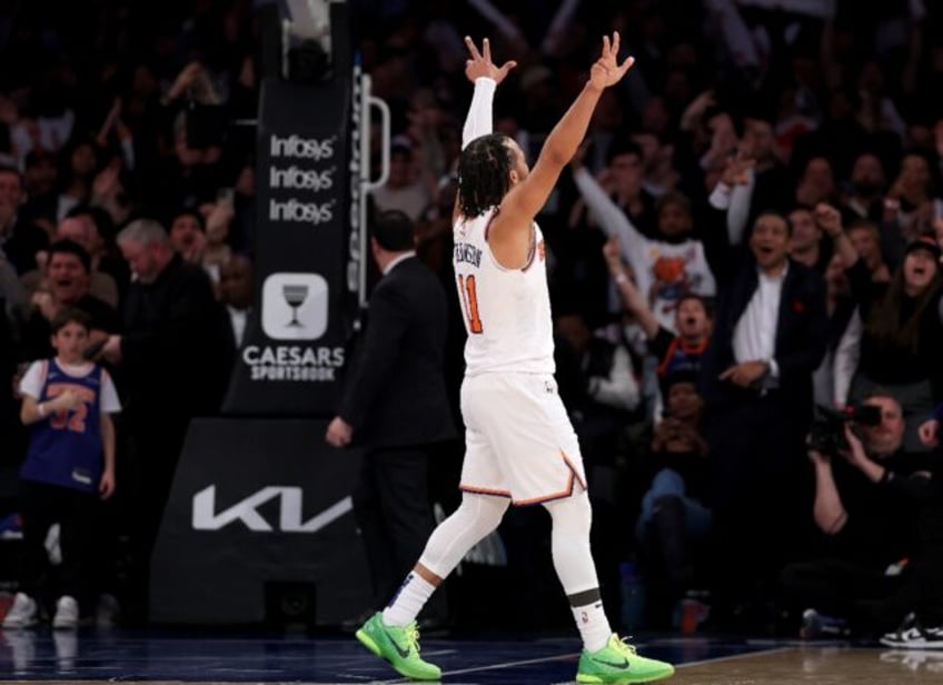 Jalen Brunson salutes the crowd after inspiring a fourth quarter comeback in the New York