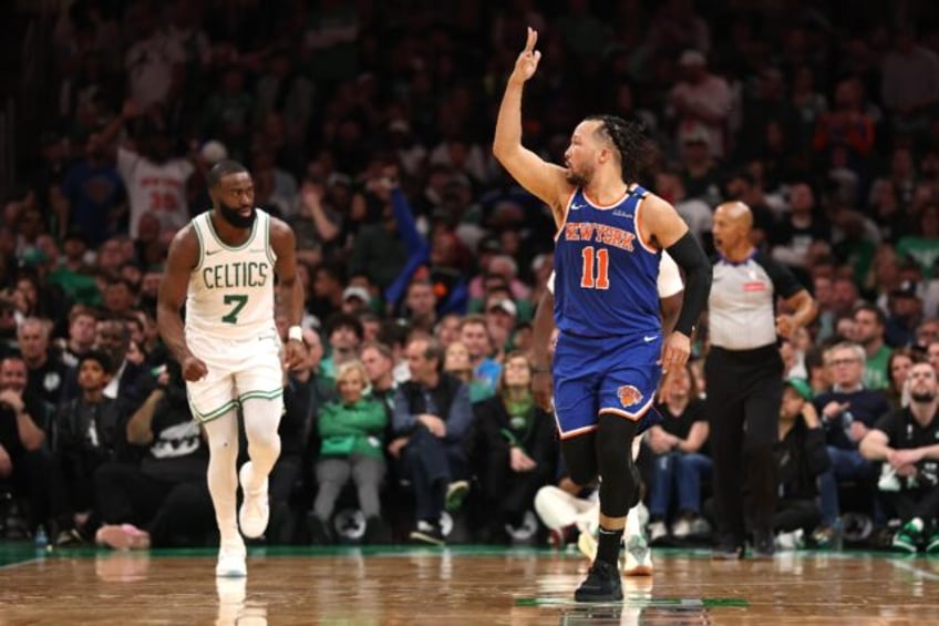 New York Knicks point guard Jalen Brunson celebrates a three-pointer in an overtime victor