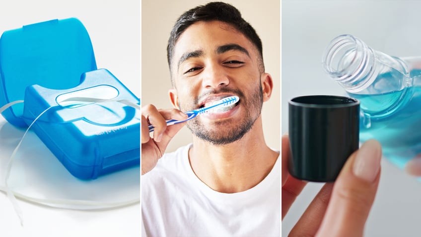 split images of floss, mouthwash and a man brushing his teeth