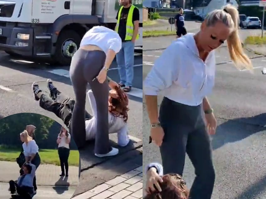 brutal blonde public hit back at green extremists blockings roads activist pulled by hair to pavement