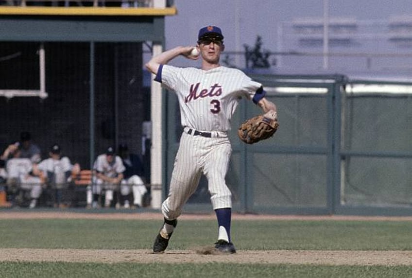 Infielder Bud Harrelson of the New York Mets makes a throw to first base against the Baltimore Orioles during a world series game circa October 1969...