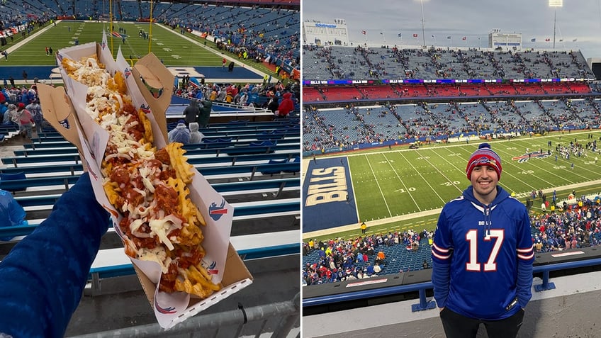 Buffalo Bills fan and content creator Cameron Guzzo reviewed the "Battle Boat," a 2-foot-long dish of waffle fries topped with various foods, during a game.