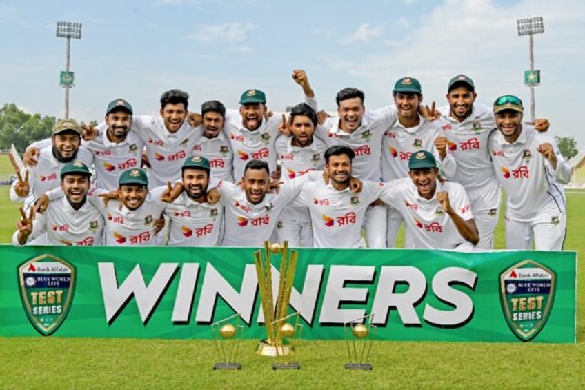 Bangladesh's players celebrate their series win in Pakistan earlier this month