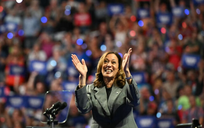 US Vice President and Democratic presidential candidate Kamala Harris waves to the crowd d