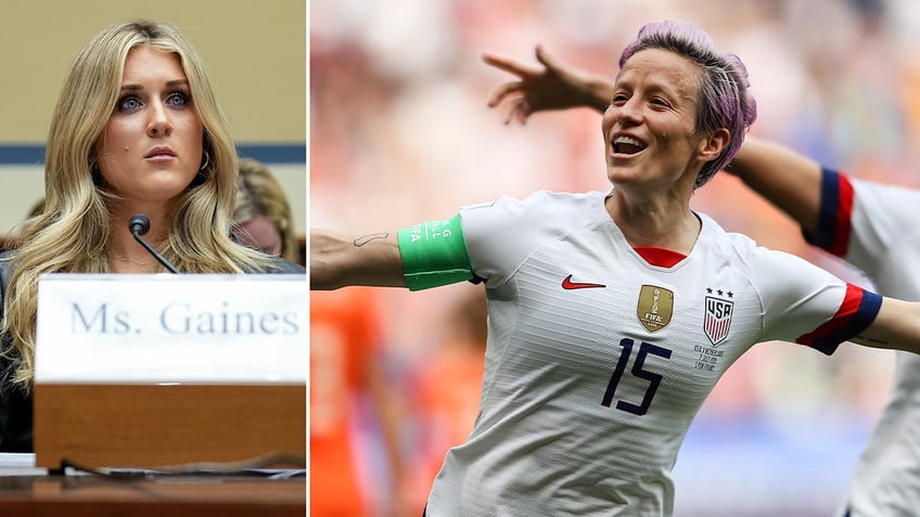 Riley Gaines testifying to Congress on left, Megan Rapinoe running with arms wide on right