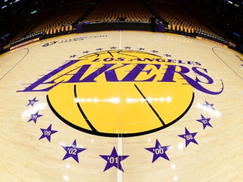 LOS ANGELES, CA - APRIL 25: A view of the Los Angeles Lakers logo before the game against