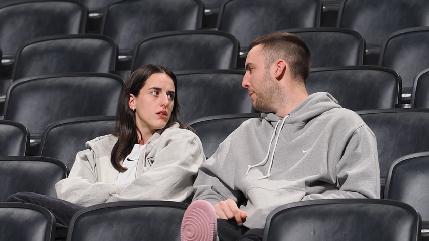 Caitlin Clark and Connor McCaffery take in the Salt Lake City Stars take on the Indiana Mad Ants on November 15, 2024 at Gainbridge Fieldhouse in Indianapolis, Indiana. 