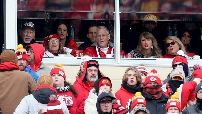 Singer-songwriter Taylor Swift looks on during the first half in the AFC Divisional Playoff between the Houston Texans and the Kansas City Chiefs at GEHA Field at Arrowhead Stadium on January 18, 2025 in Kansas City, Missouri. 