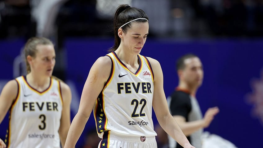 Caitlin Clark reacts during a WNBA