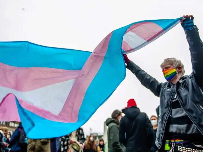 AMSTERDAM, NETHERLANDS - 2022/02/06: A protester is seen holding a transgender flag during the demonstration. The organization 'Trans Zorg Nu' (in English 'Trans Care Now') organized a demonstration in Amsterdam against the poor state of transgender health care, the long waiting lists, and to demand a structurally different transition care …