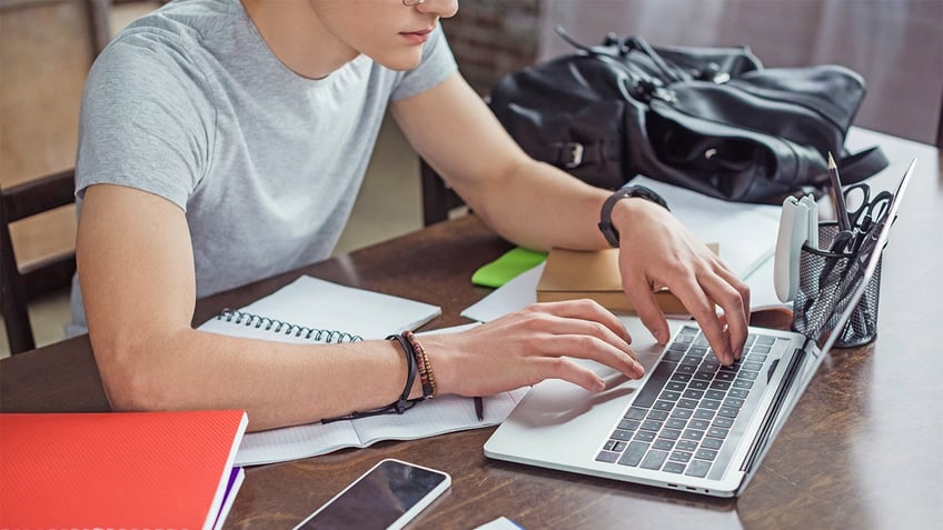 Man works at laptop computer