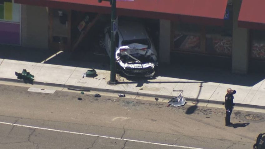 california car slams into pizzeria after road rage shooting incident police