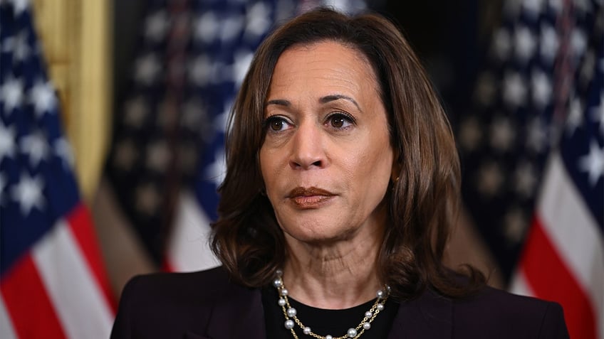 Kamala Harris closeup photo with US flags behind her