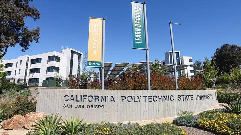 A large sign marks the Grand Avenue entrance to Cal Poly's university campus in San Luis Obispo, California. (David Middlecamp/San Luis Obispo Tribune/Tribune News Service via Getty Images)