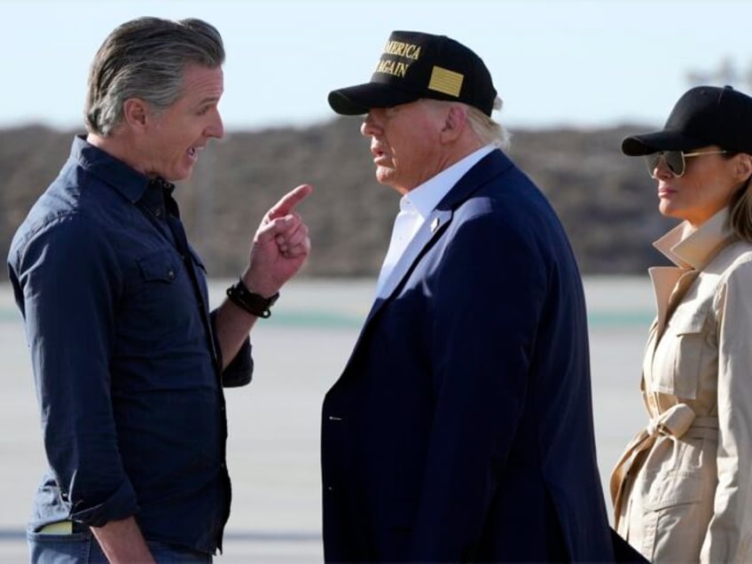 FILE - President Donald Trump and first lady Melania Trump listen to California Gov. Gavin