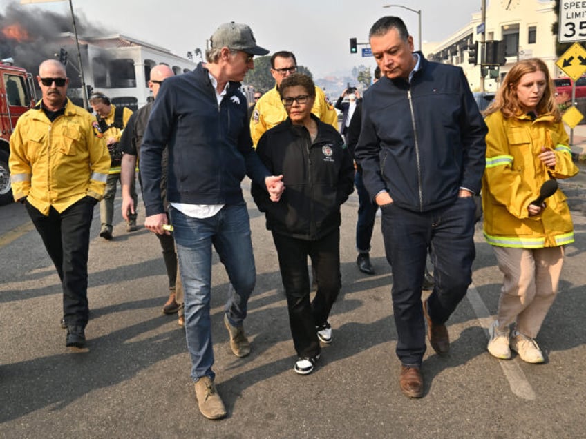 PACIFIC PALISADES, CA - January 08: Los Angeles Mayor Karen Bass, Joins California Governo