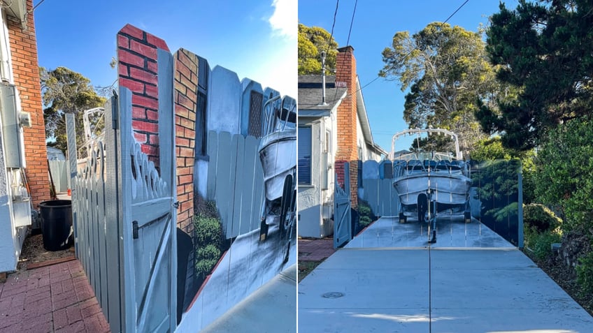 Split image of boat mural on fence