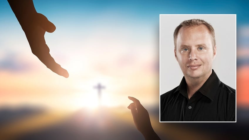 split image of a hand holding another with Pastor Barnett in the inset