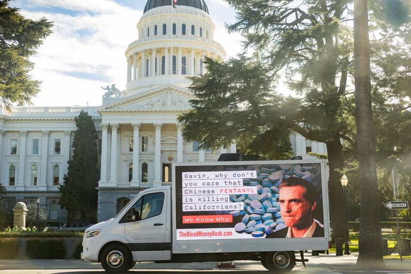 california republic of the ccp blood money billboard truck bashes newsom for ignoring fentanyl crisis