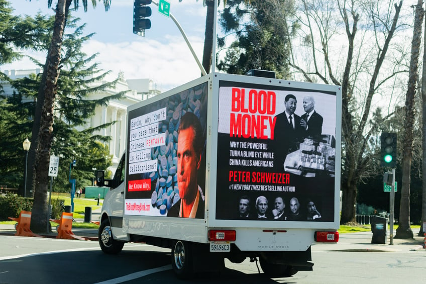 california republic of the ccp blood money billboard truck bashes newsom for ignoring fentanyl crisis