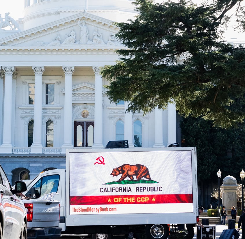 california republic of the ccp blood money billboard truck bashes newsom for ignoring fentanyl crisis