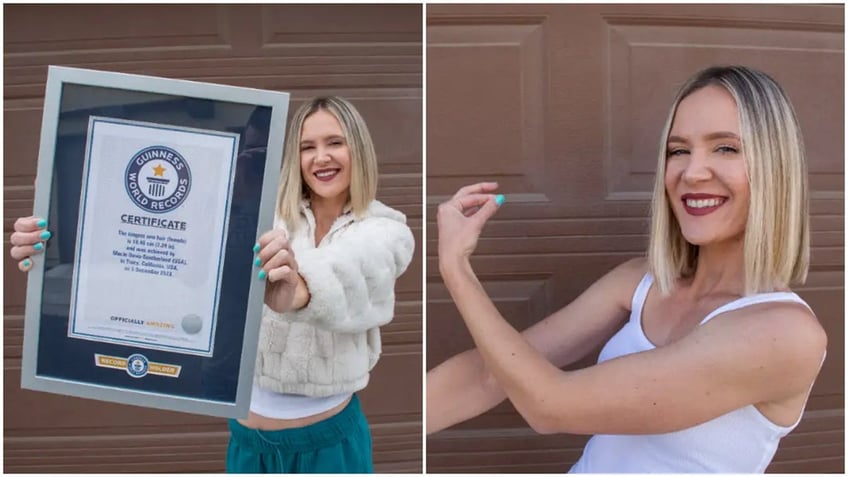 Woman posing with plaque split with picture of her displaying arm hair