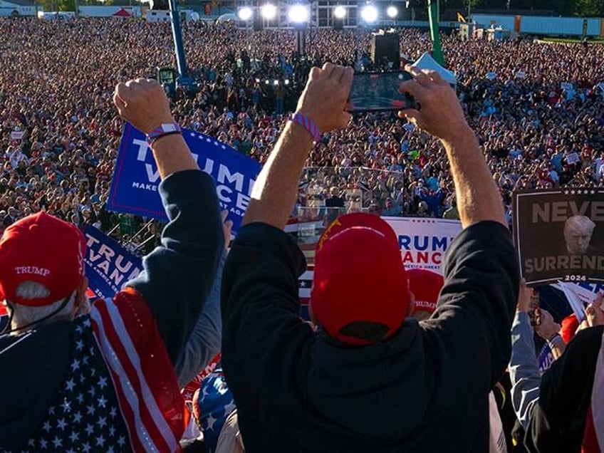 Republican presidential nominee former President Donald Trump speaks during a campaign eve