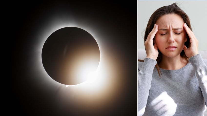 Split image of sick woman and 2024 solar eclipse
