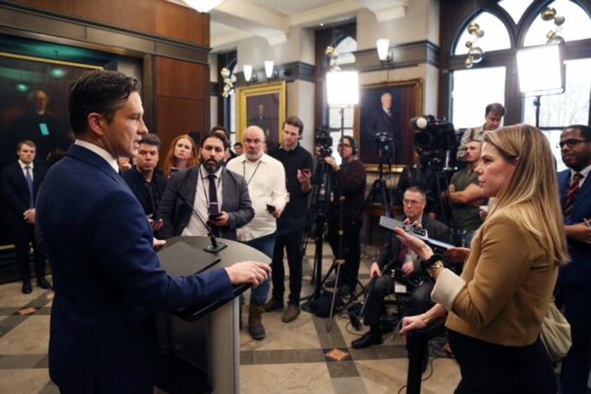 Canadian Conservative Party leader Pierre Poilievre speaks to reporters in Ottawa