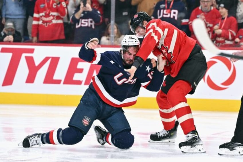 The USA's J.T. Miller (left) brawls with Canada's Colton Parayko during the NHL Four Natio