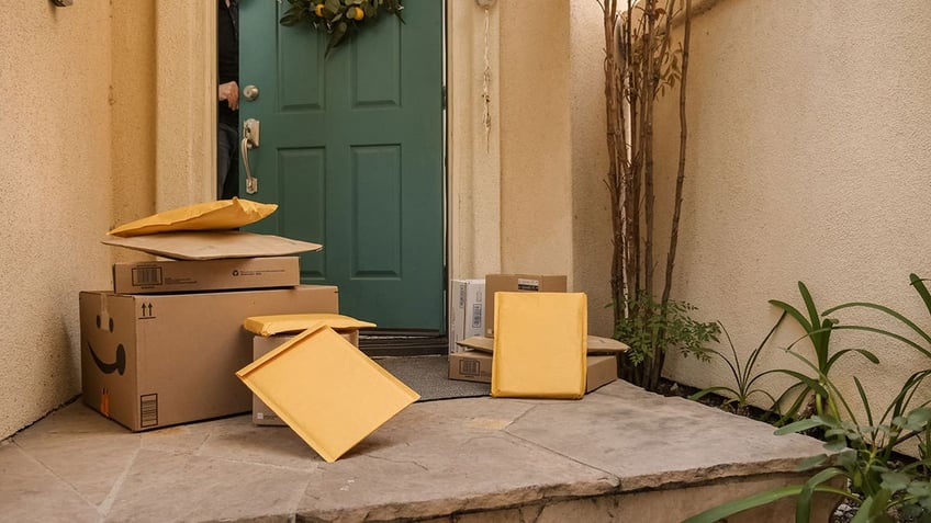 Photo of multiple packages at the front door.